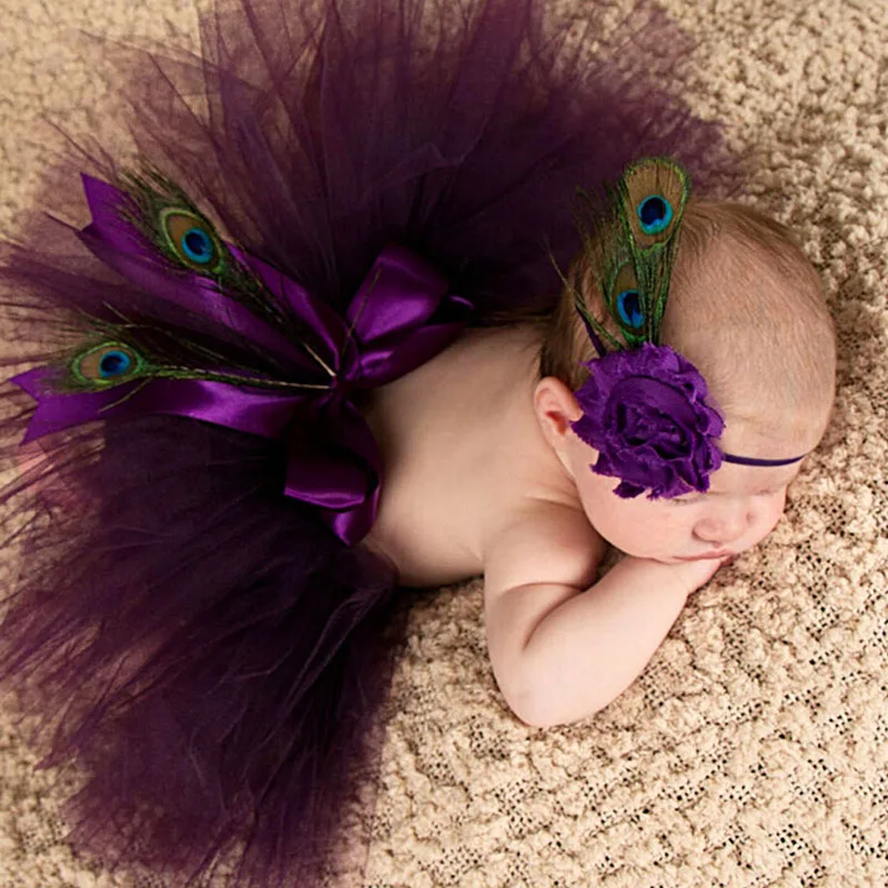 Princess Plum Peacock Feather Tutu Skirt with Vintage Headband Newborn Photography Props Baby Tutu Shower Gift TS035