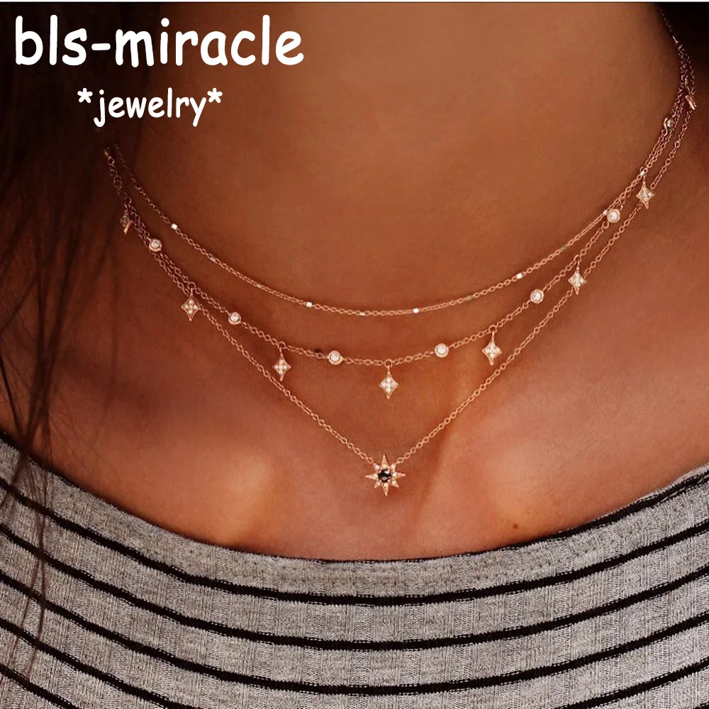 Bls-miracle Boho Crystal Pendant Necklace Fashion Multilayer Star Necklaces Statement Deck Chain For Women Jewelry Gift NX-53