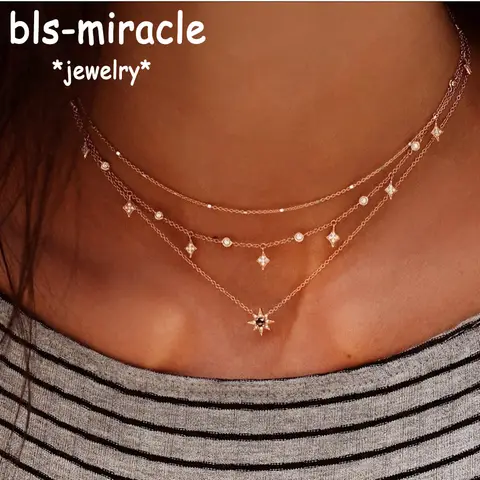 Bls-miracle Boho 크리스탈 펜던트 목걸이 여성을위한 패션 다층 스타 목걸이 성명 데크 체인 보석 선물 NX-53