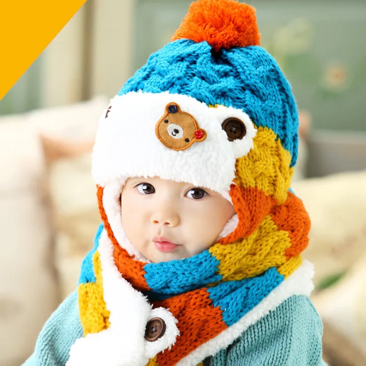 Child Baby Girls Hat Winter Warming Set Baby Cotton Hats Babies Boys Snow Plus Velvet Wool Hat For Kids Ear Protect Hat +Scarf