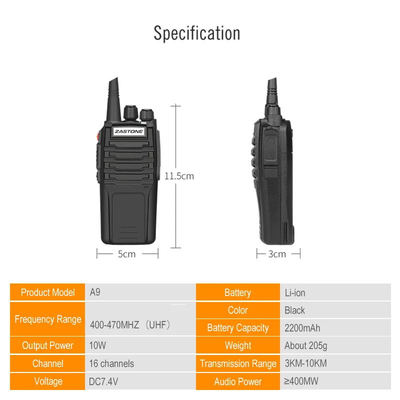 Zastone A9 10W Communication Equipment UHF 400-480MHz Handheld Transceiver Walkie Talkie CB Radio Portable Walkie Talkie