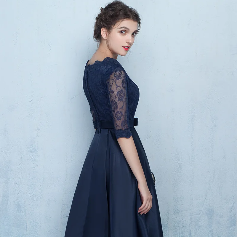 Mezza Manica Del Merletto di Raso Scuro Navy Blue Vintage Abiti Da Damigella D'onore Nero Champagne Da Sposa Del Partito di Promenade Dolce di Memoria