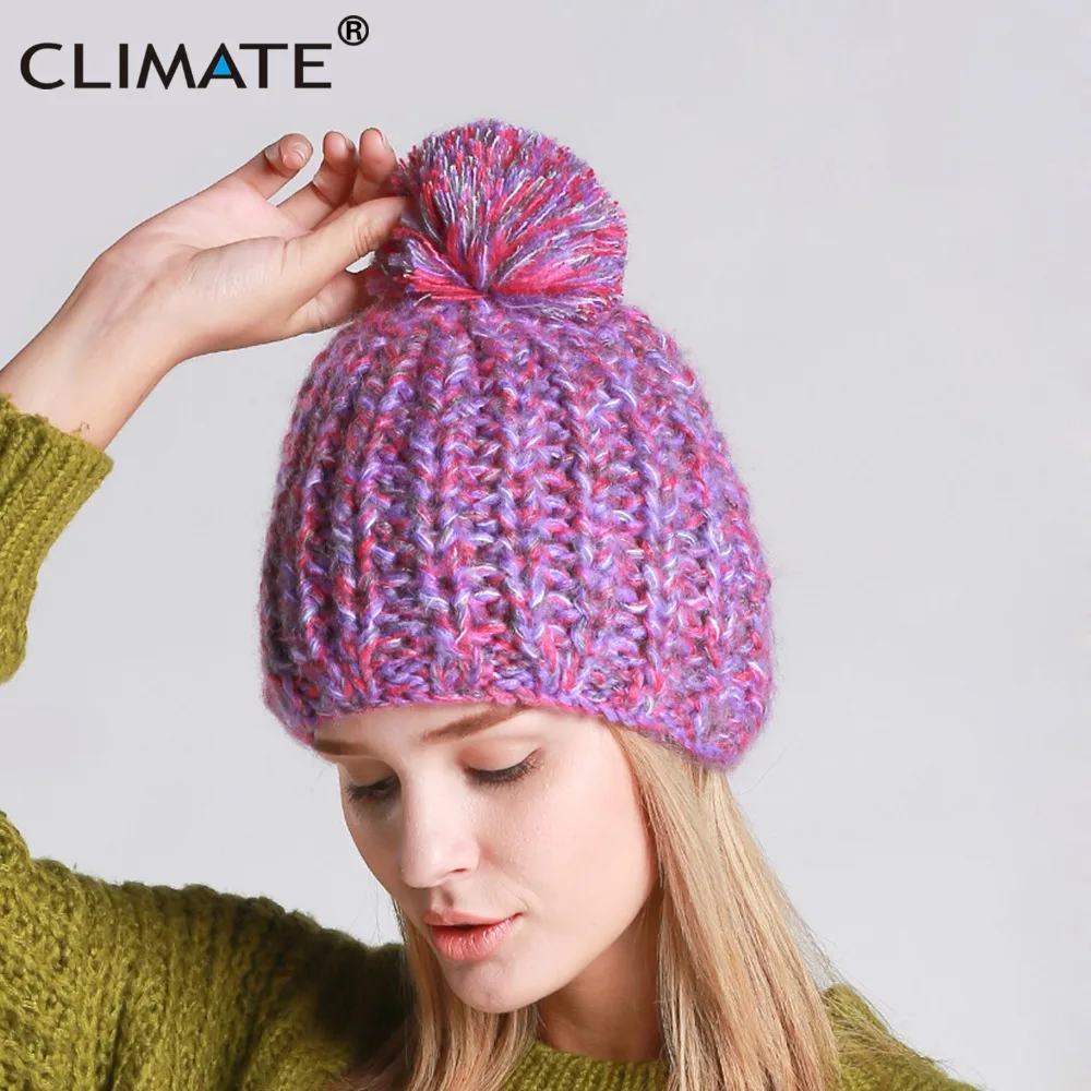 CLIMATE Women Girl Winter Hat Warm Beanie Purple Color Pompon Knitted Hat Beanie Women Cute Pompon Warm Beanie For Women Girls