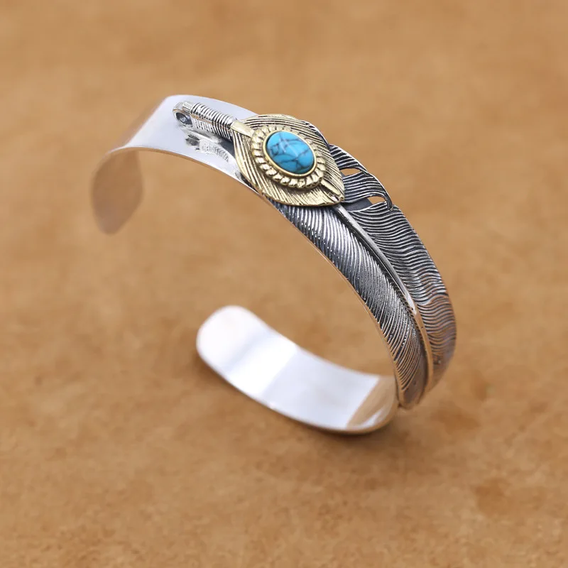 

S925 Sterling Silver Jewelry Vintage Thai Silver Takahashi Goro Feather Mosaic Turquoise Men And Women Open Ended Bangle