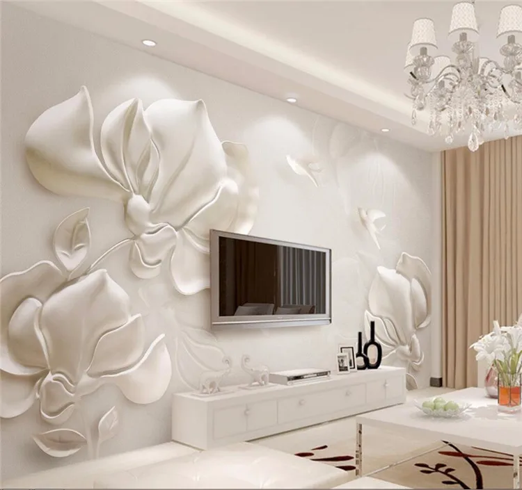 

Custom 3d Photo wallpapers three-dimensional plaster embossed magnolia flowers birds white TV background wallpaper Home Decor