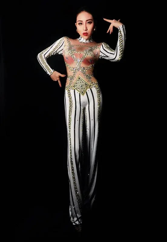 Berkilau Rhinestones Stripe Dicetak Jumpsuit Longgar Celana Penyanyi wanita Bodysuit Seksi Klub Malam perempuan Partai Tahap Tampilkan Pakaian