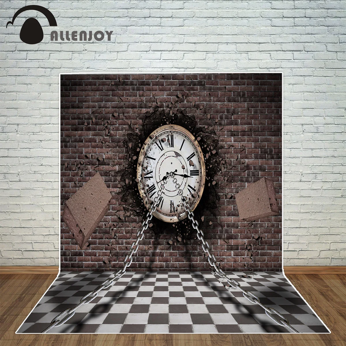 Allenjoy photography backdrop Brick wall black white grid ground clock Metal chain Vintage background photo studio fotografica