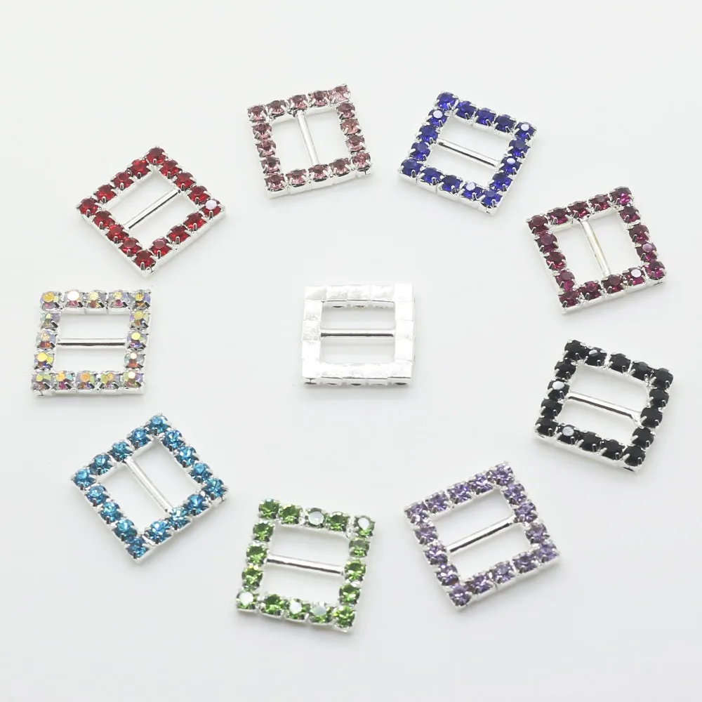 Colorful 10pcs/lot 16mm Square Crystal Rhinestone buckles Diamante buckle invitation Ribbon Slider for Wedding Supply Gift Wrap