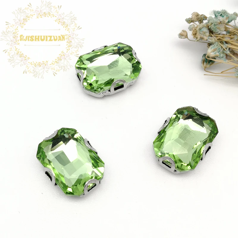 Light Green Rectangle Shape Glass Rhinestones With Silver D Claw Sew On Crystal Stone Strass Diamond Metal Base Buckle For