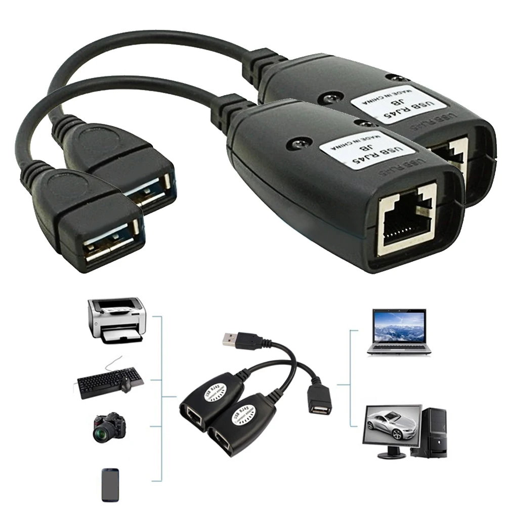Elisona 2 adet USB RJ45 RJ 45 LAN kablosu uzatma adaptörü genişletici üzerinde Cat5 RJ45 Cat6 yama kordonu sİyah ağ aksesuarları