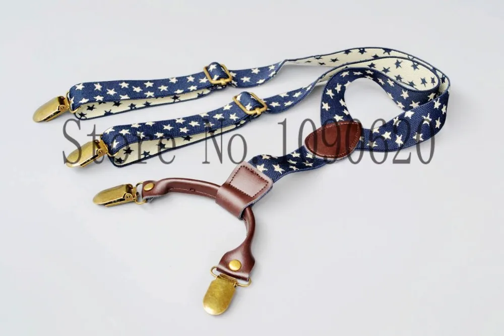 Suspender kualitas 2.5cm untuk anak-anak, kawat gigi bintang jacquard biru gelap, suspender elastis balita dengan tab kulit asli uniseks