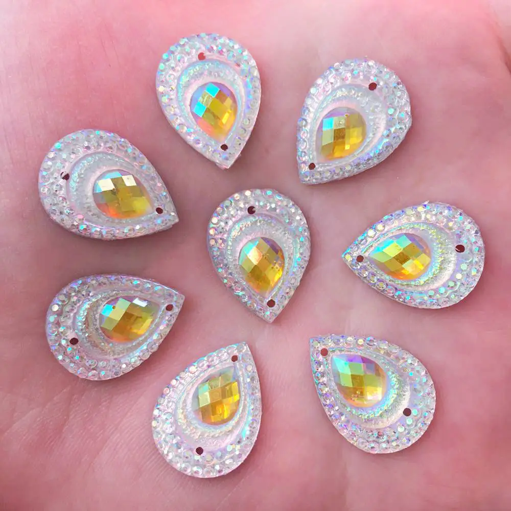 DIY 40PCS 13mm*18mm AB Resin Peacock Drop Flatback Rhinestone Wedding 2 Hole Crafts R35