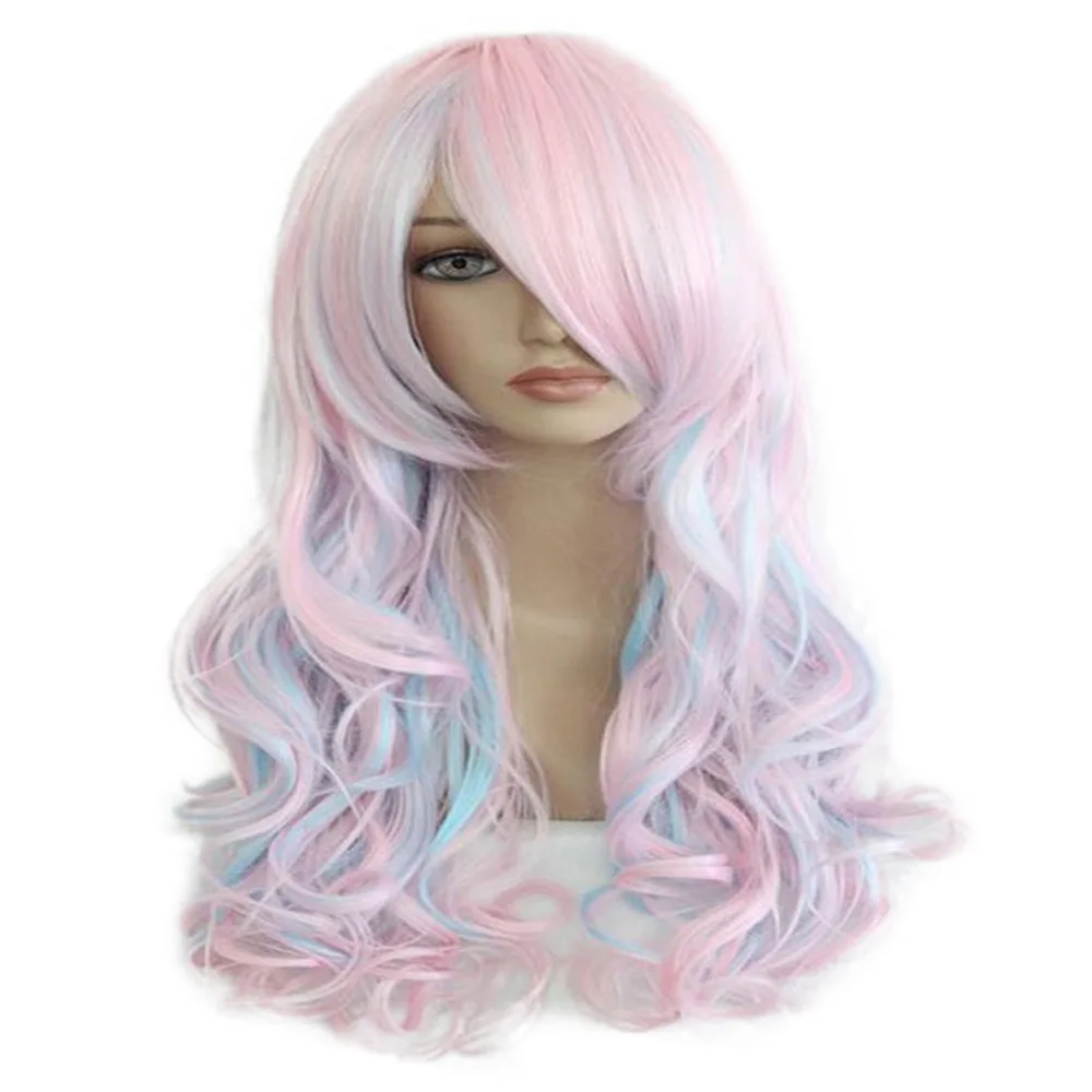 HAIRJOY Women 70cm Long Blue Mixed Pink Wavy Braided 2 Ponytails Synthetic Party Cosplay Wig 30 Colors Available