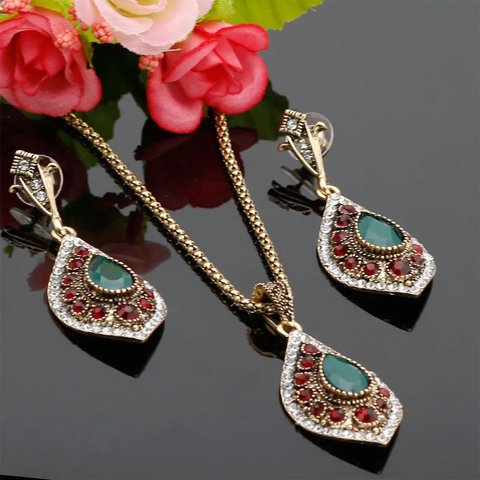 Turkish Vintage Jewelry Sets Water Drop Earrings Resin Necklace Antique Gold Color Crystal Bohemia Ethnic Wedding Jewelry 2018