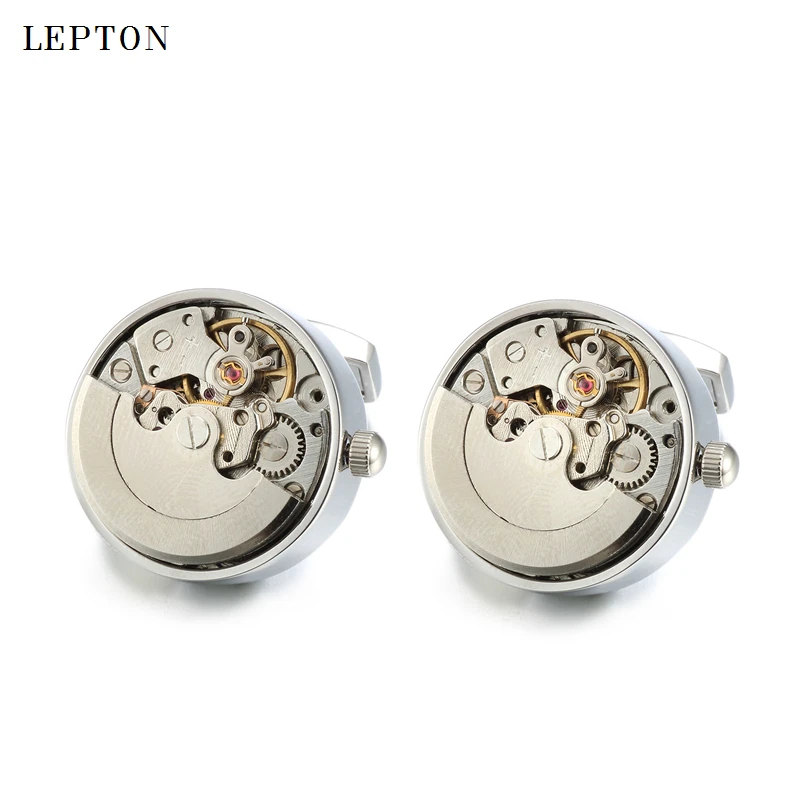 High quality Functional Watch Movement Cuff links Lepton Brand Stainless Steel Steampunk Gear Watch Mechanism Cufflinks for Mens