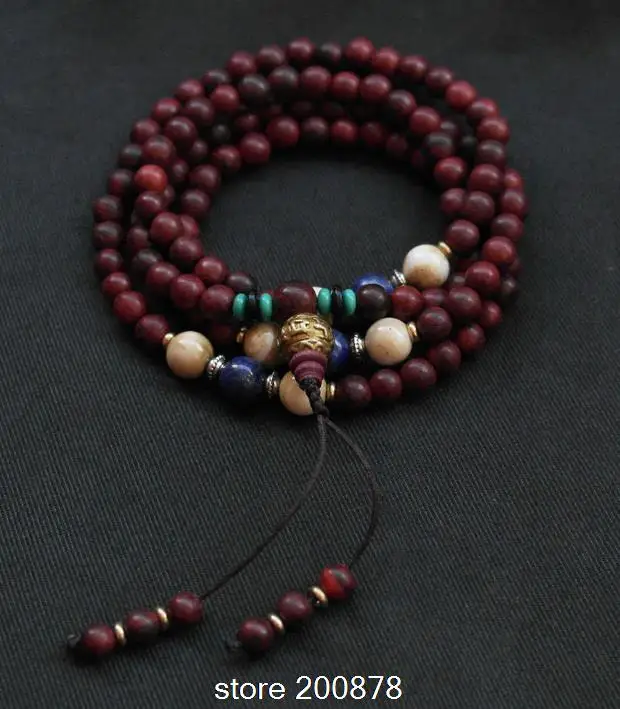 Master Design Tibetan 108 Red Sandalwood Prayer Mala Necklace 6/8mm Lady natural Wooden bracelets Stone lapis shell BRO521