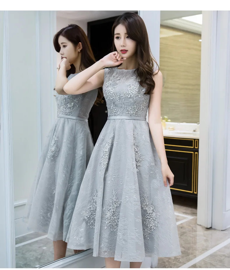 Evening Dresses 2019 New Spring Banquet Party Dress Illusion O-neck Tea Length Appliques Silver Prom Dress Robe De Soiree