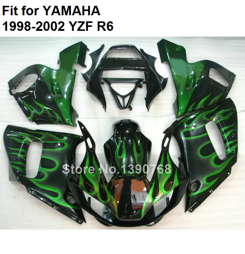 Motorcycle fairing kit for Yamaha YZF R6 98 99 00 01 02 green/red flames black fairings set YZF R6 1998 1999 2000 2001 2002 LV78