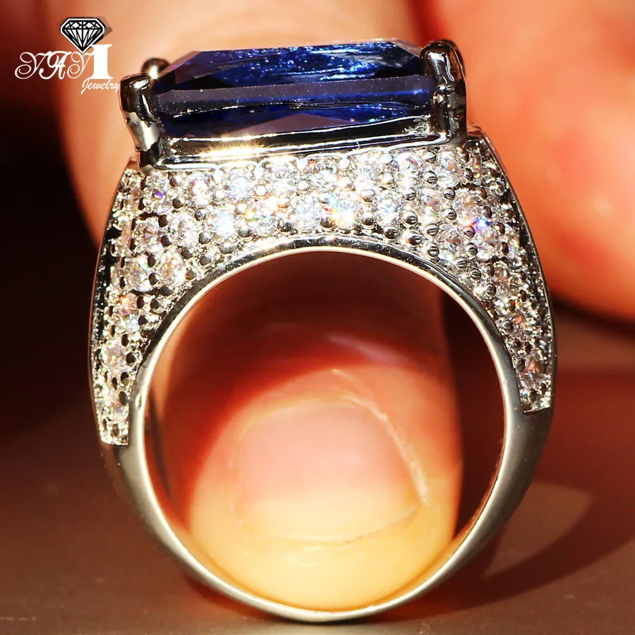 YaYI เครื่องประดับแฟชั่นเจ้าหญิงตัดขนาดใหญ่7.6 CT Blue Zircon Silver สีแหวนหมั้นแหวนแหวน