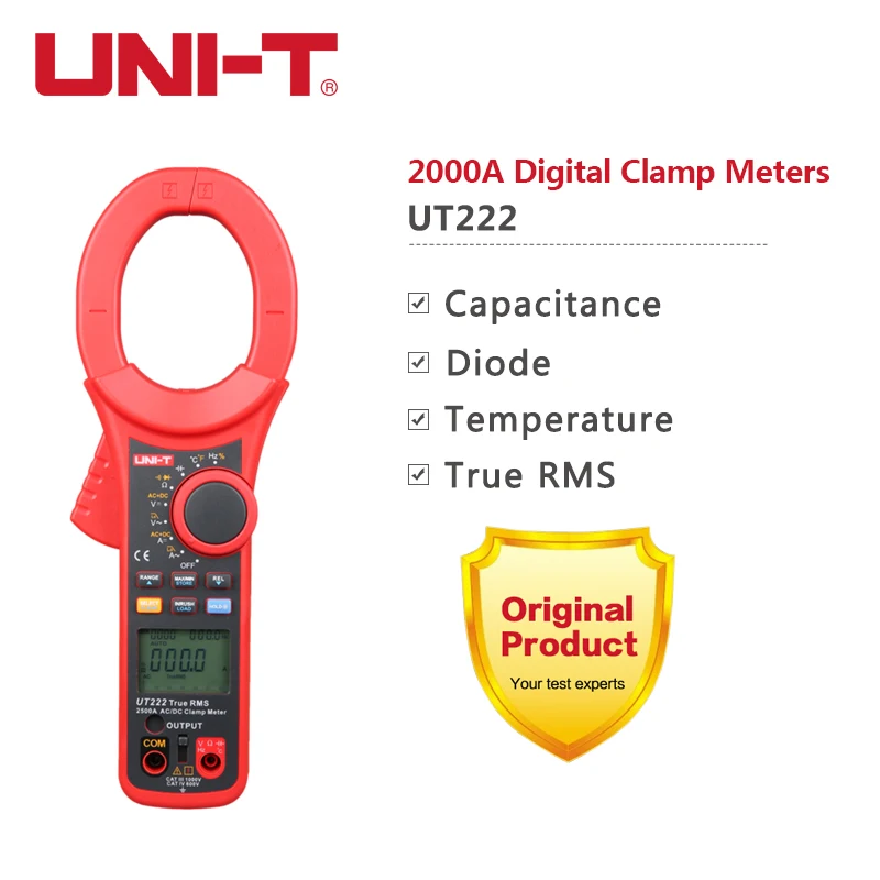 UNI T UT222 Industrial Digital Clamp Meter AC/DC 2500A True RMS Ammeter with Frequency Temperature Diode Resistor Measurement