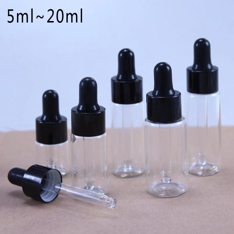 10pcs/lot 5/10/15/20ml Clear Glass Dropper Bottle With Black Lid Portable Glass Eye Dropper Aromatherapy Esstenial Oil Bottle