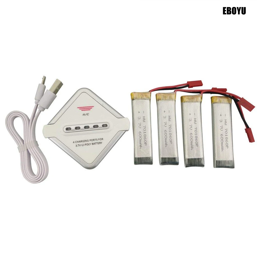 EBOYU 4pcs * 3.7V 600mAh lipo Battery + Balance Charger for WLtoys V929 V939 V949 V959 V969 V979 V989 V999 V222 RC Drone