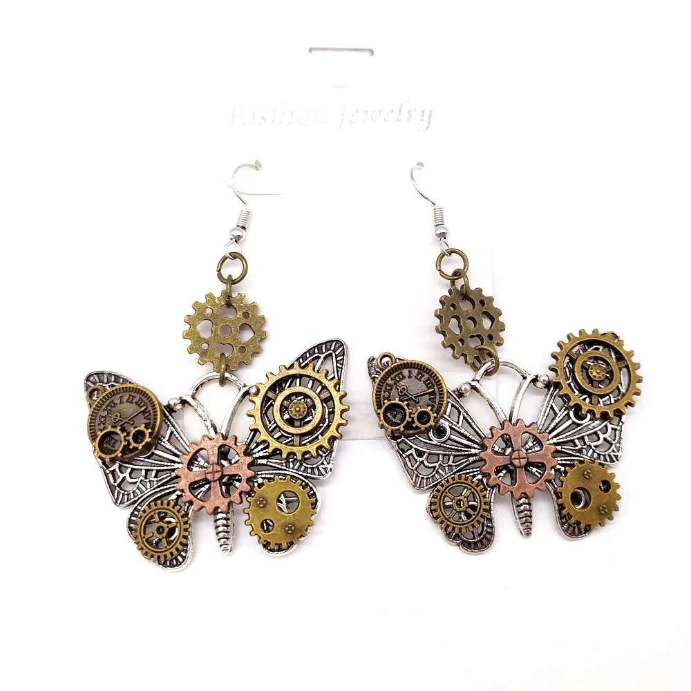 Very Popular Butterflies Steampunk Gears Women`s Drop Earrings