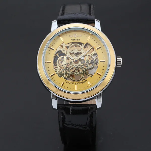 

WINNER Hot-Sell Watch Golden Skeleton Dial Alloy Case Auto Mechanical Watches Business Waterproof Black Leather Strap Watch