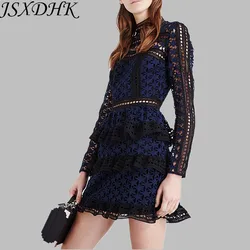 JSXDHK Spring Autumn Layers Ruffles Party Dress Runway Women's Stand Collar Patchwork Lace Hollow Out Stars Cake Holiday Dress