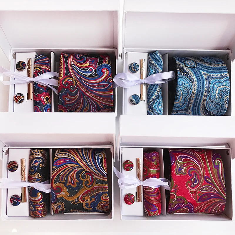 

HOOYI Men Flower Neck Tie Set Wedding Ties Clip Gift Box Party Pocket square Cufflinks Business Cravat