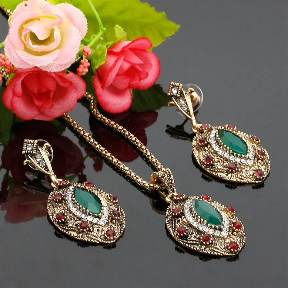 Vintage Bronze Oval Jewelry Sets Women Antique Resin Relief Flower Drop Earrings Pendant Necklace Turkish Ethnic Wedding Bijoux