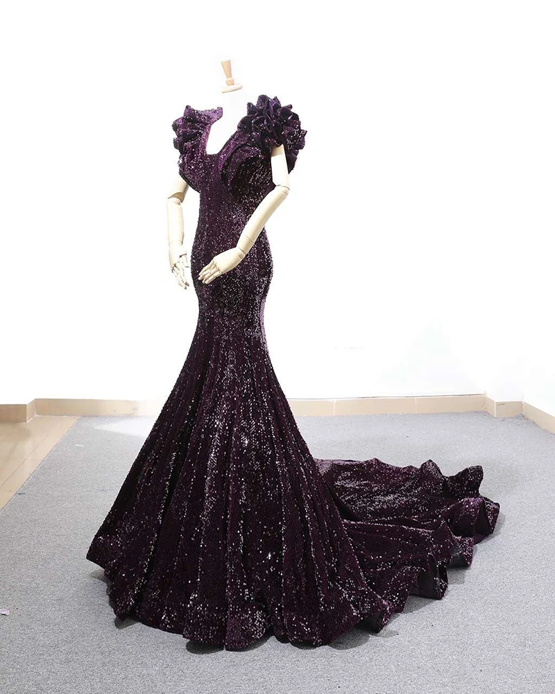 J66736 jancember purple mermaid evening dress v-neck special cap sleeves trumpet long dress evening gown vestido de noiva sereia