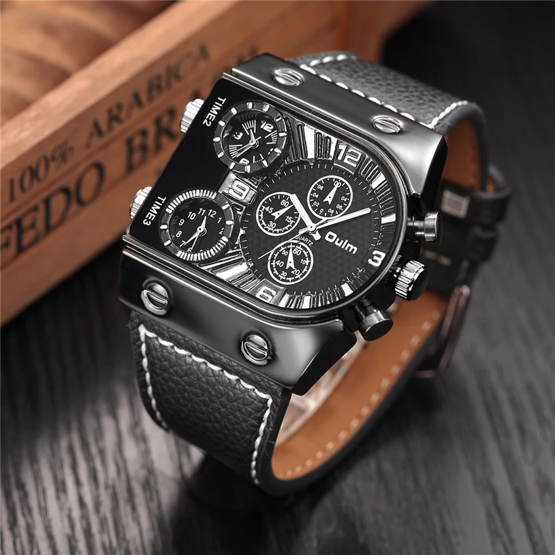 Oulm Horloges Heren Quartz Casual Lederen Band Horloge Sport Multi-Tijdzone Militaire Mannelijke Klok Erkek Saat Dropshipping