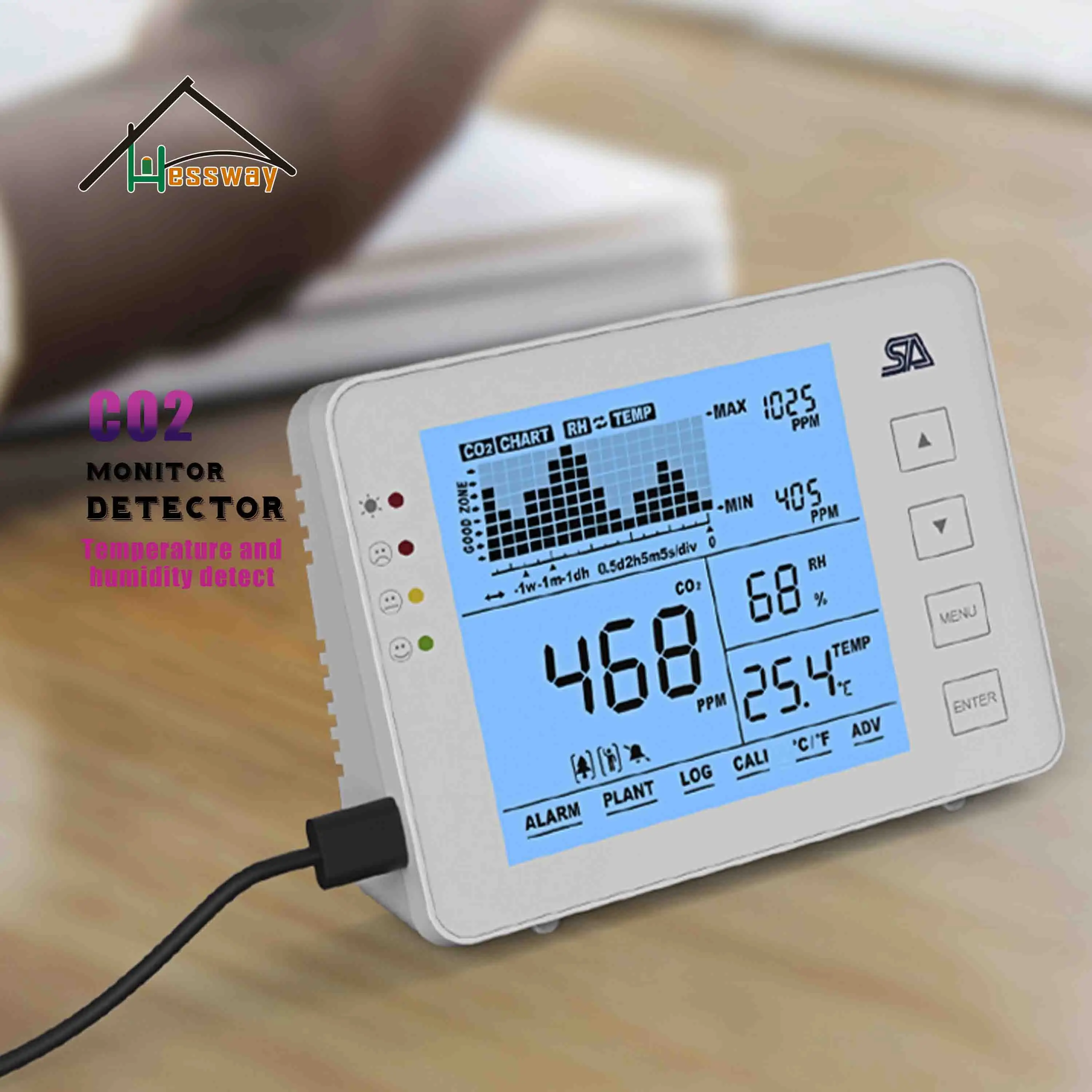 

HESSWAY NDIR air quality sensor co2 Carbon Dioxide monitor detector Recall function for 3 in 1 Temperature Humidity Detector