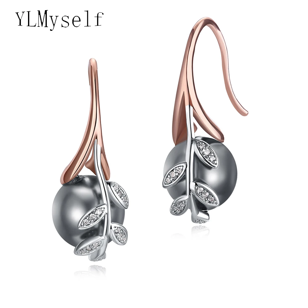 Dropshipping Rose gold and White color Grey pearl & cubic zircon crystal Wholesale cheap jewelry lots Dangling earrings