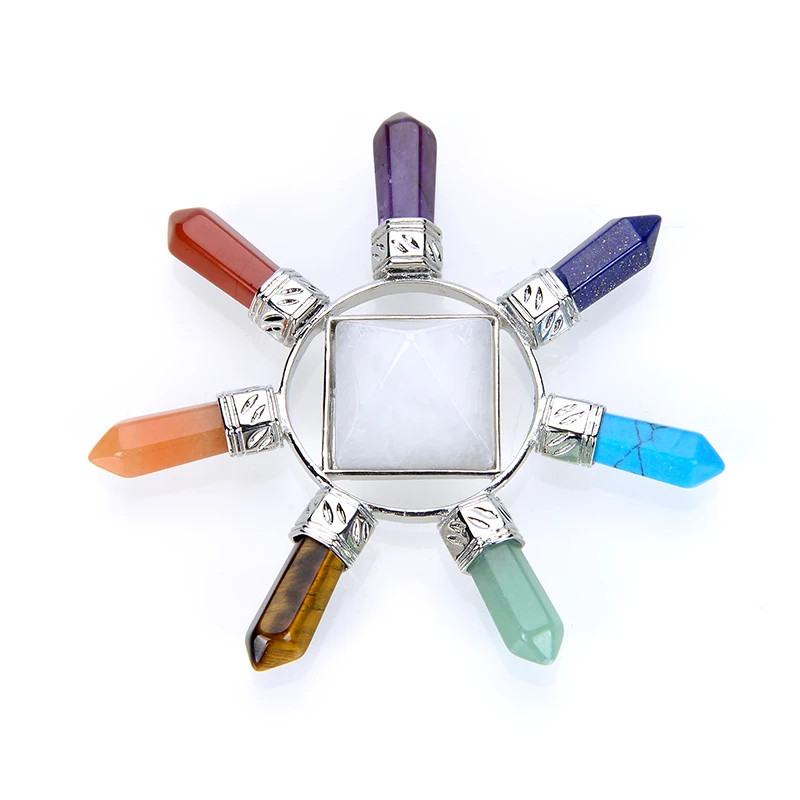 New Vintage Silver Plated White Pink Purple Crystal Pyramid 7 Colors Hexagon Stone Energy Launcher Charka Pendant Amulet Jewelry