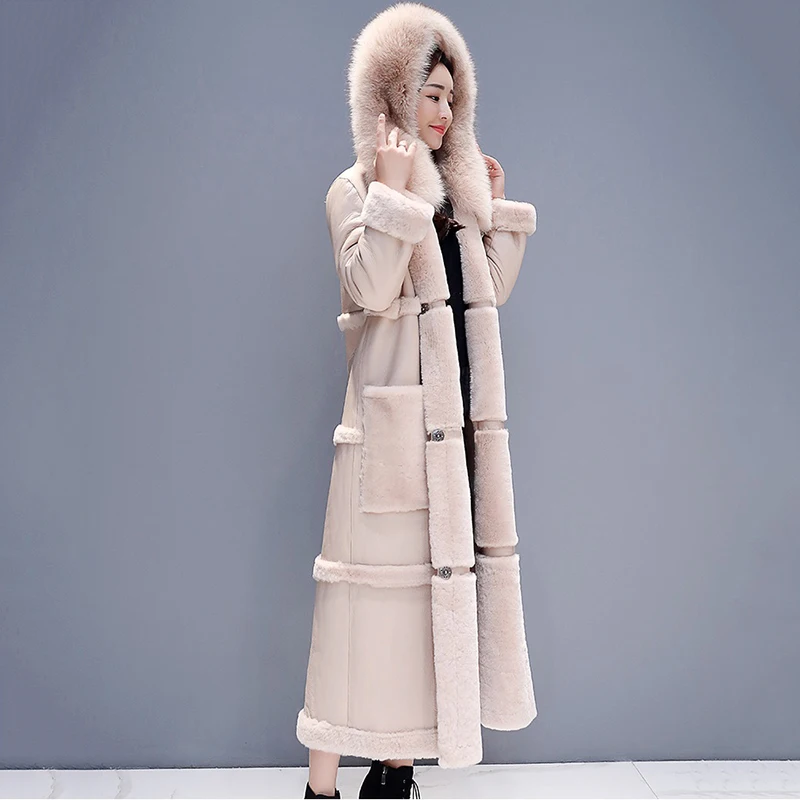 Large Size Winter Lambswool Jacket Coat Women Long Faux Leather Jacket Female Thicken Warm Overcoat Womens Hooded Faux Fur Coats