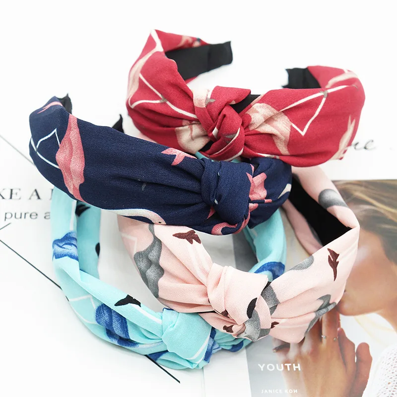 Fresh Fashion Turban Headbands Women Spring Summer Chiffon Headband Head Wrap Wide Flamingo Hair Accessories Cotton Headband