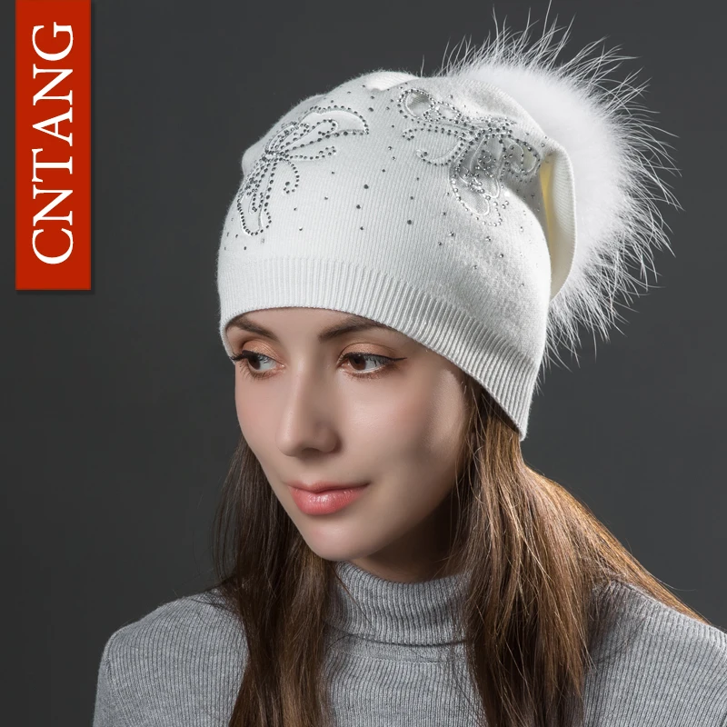 CNTANG Fashion Rhinestone Butterfly Knitted Wool Caps Autumn Winter Warm Women\'s Hats For Natural Raccoon Fur Pompon Beanies Hat