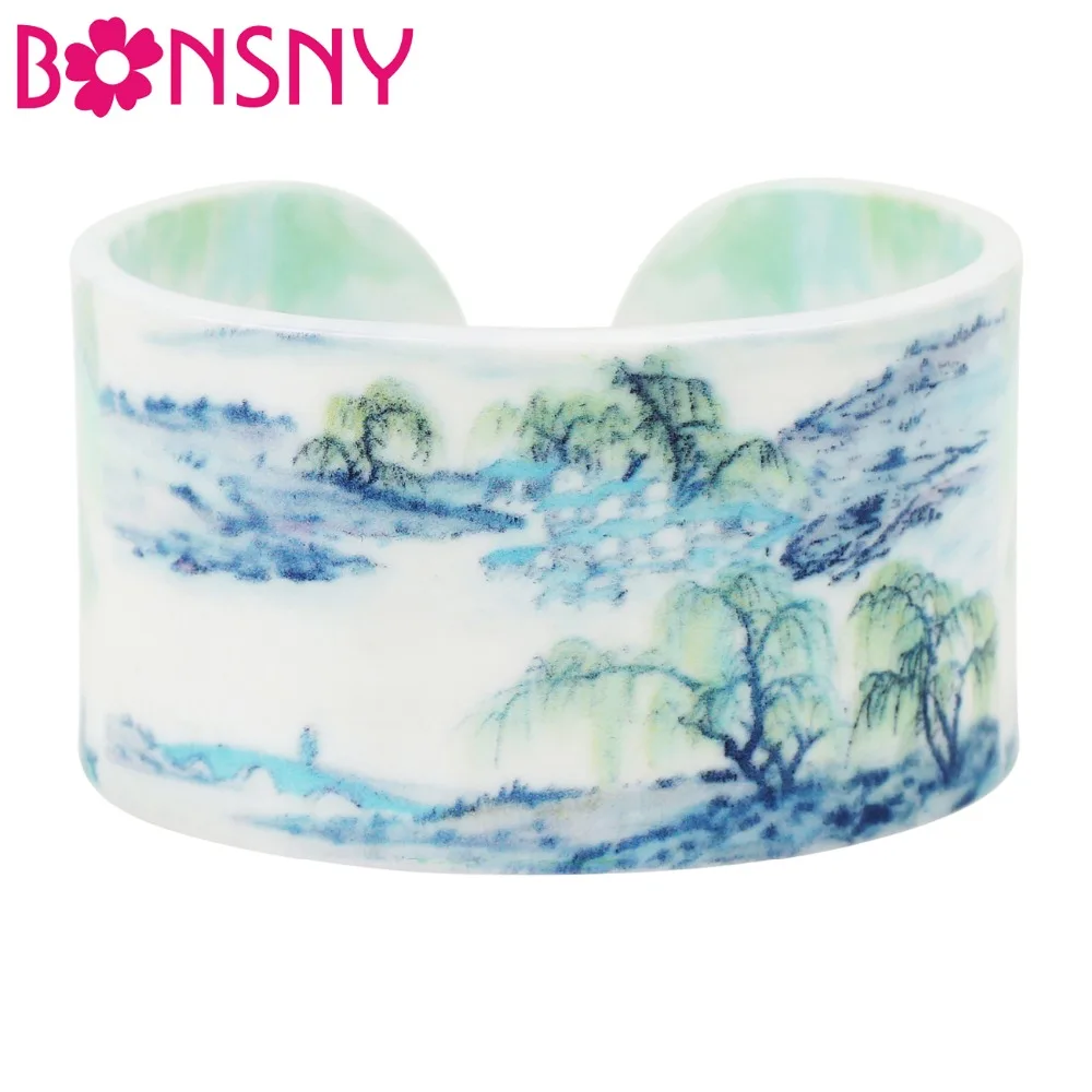 Bonsny Plastic Chinese Landscape Painting Vintage Bangles Bracelets Fashion Ethnic Retro Jewelry For Women Girl Ladies Gift Bulk