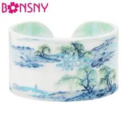 Bonsny Plastic Chinese Landscape Painting Vintage Bangles Bracelets Fashion Ethnic Retro Jewelry For Women Girl Ladies Gift Bulk