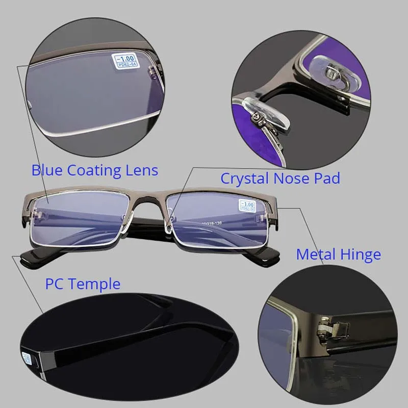 Metal Stainless Myopia Glasses Computer Men Eyeglasses Half Frame Spectacles Anti Blue Ray Eyeglass -1.0 -1.5 -2.0 to -5.0 -6.0