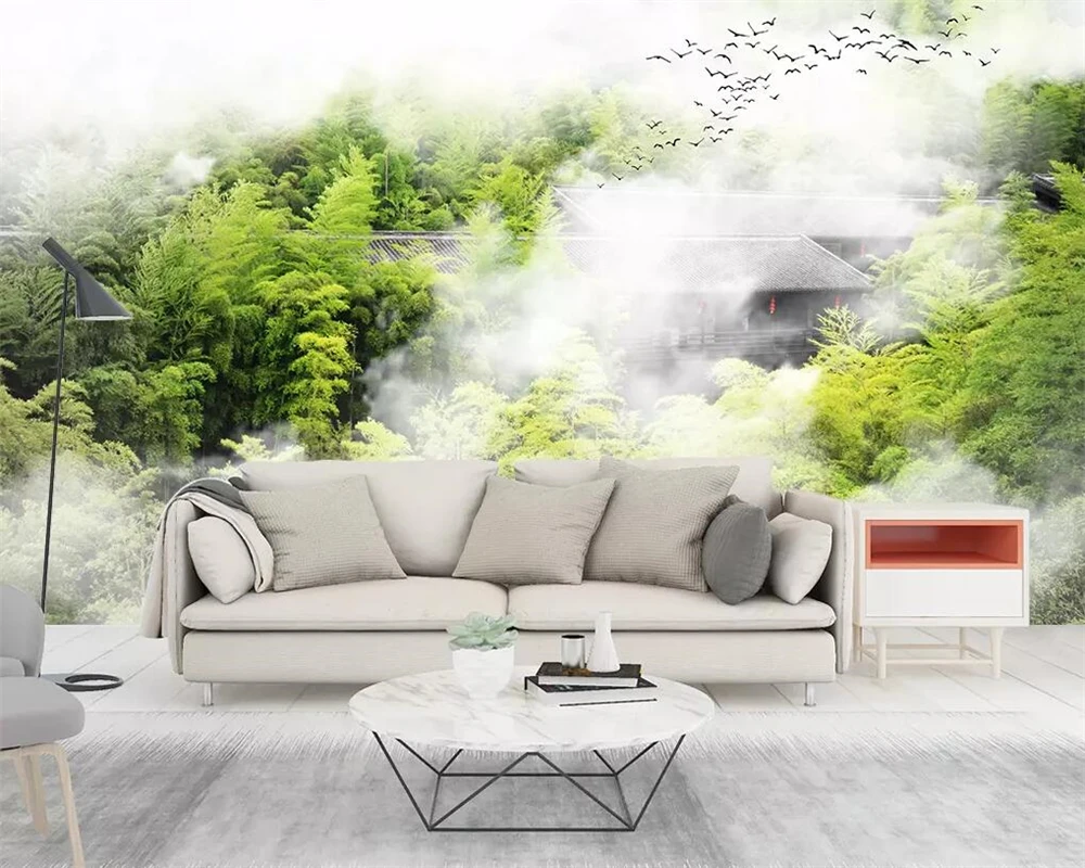 

Beibehang Mural wallpaper cloud bamboo forest house refreshing scenery TV background wall home decoration mural 3d wallpaper