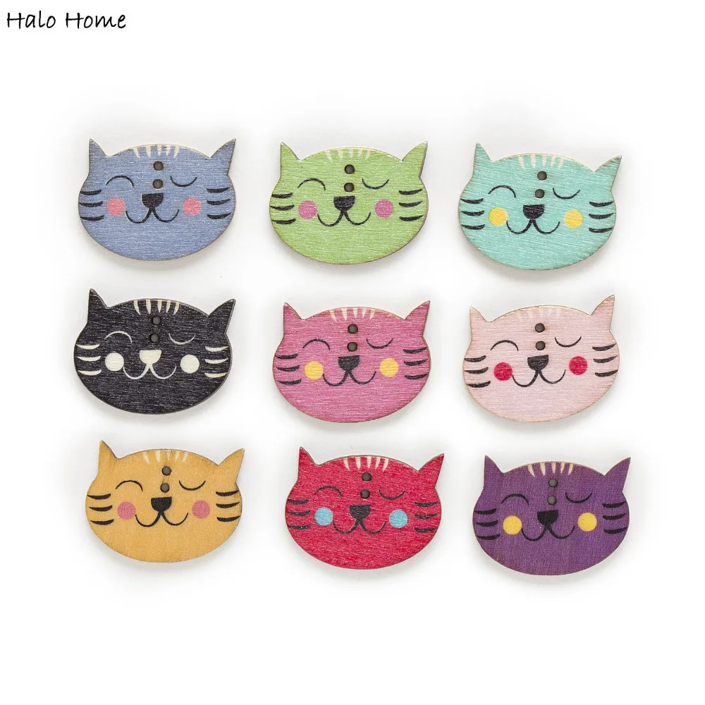 30pcs 2 Hole Mixed Cat Cartoon Wood Buttons Clothing Sewing Scrapbooking Home Decor 29x22mm