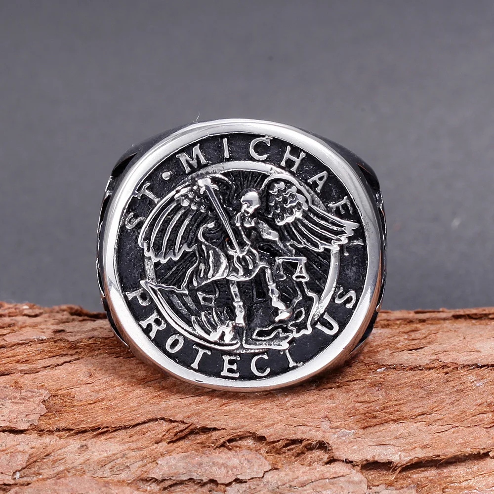 316L Stainless Steel St-Michael Men Rings Good Lucky Talisman Religious Personality Biker Ring for Men Boy Fashion Jewelry Gift