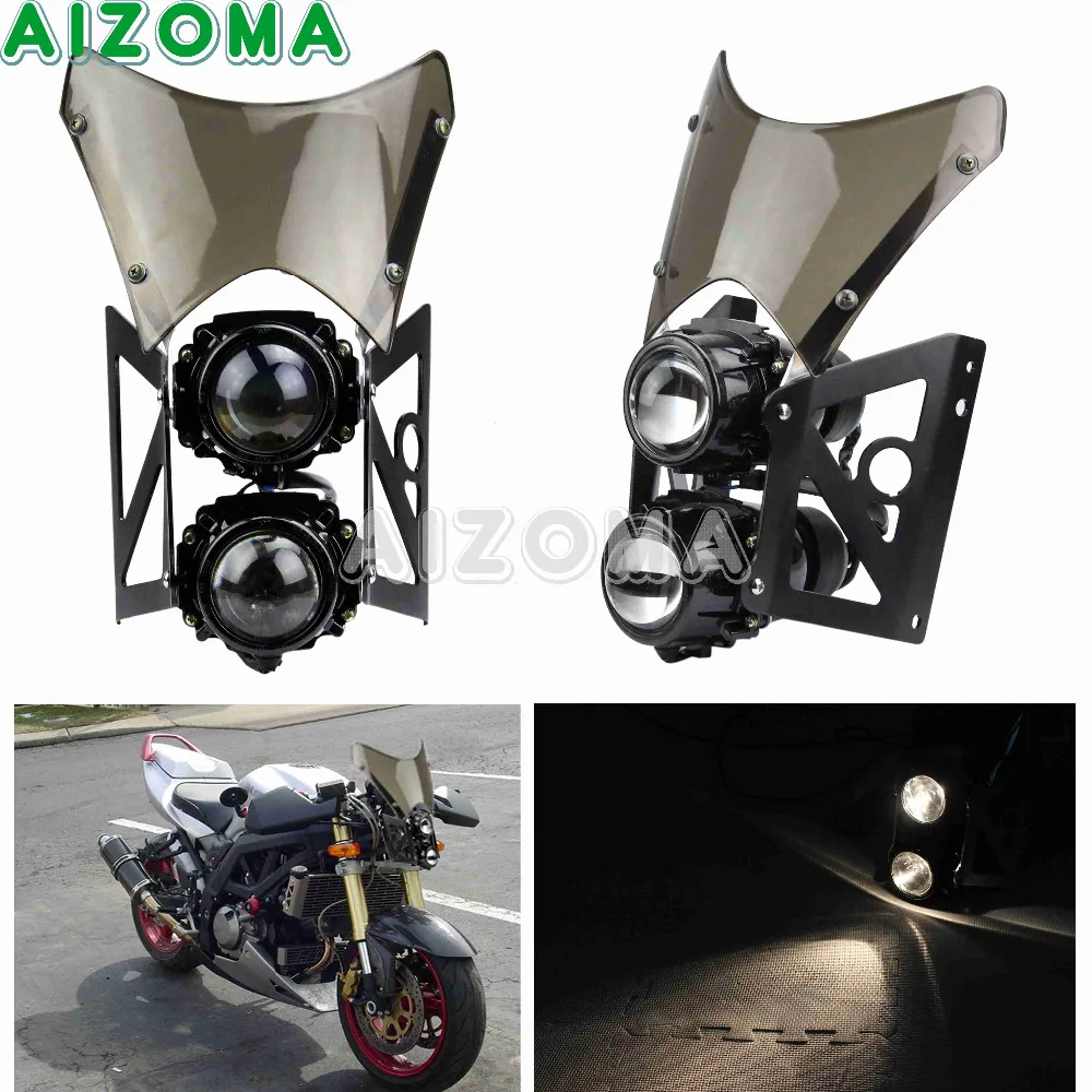 Dual Sport Motorcycles H3 55w Twin Headlight w/ Windscreen Bracket Kit For Honda Yamaha Custom E-MARK E9 Projector Headlamp