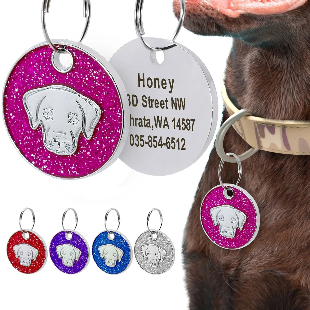 Dog Tag Engraved Pet id Tags Collar Accessories Personalized Bling Puppy Nametag Custom Dog Identification Rose Blue for Pitbull