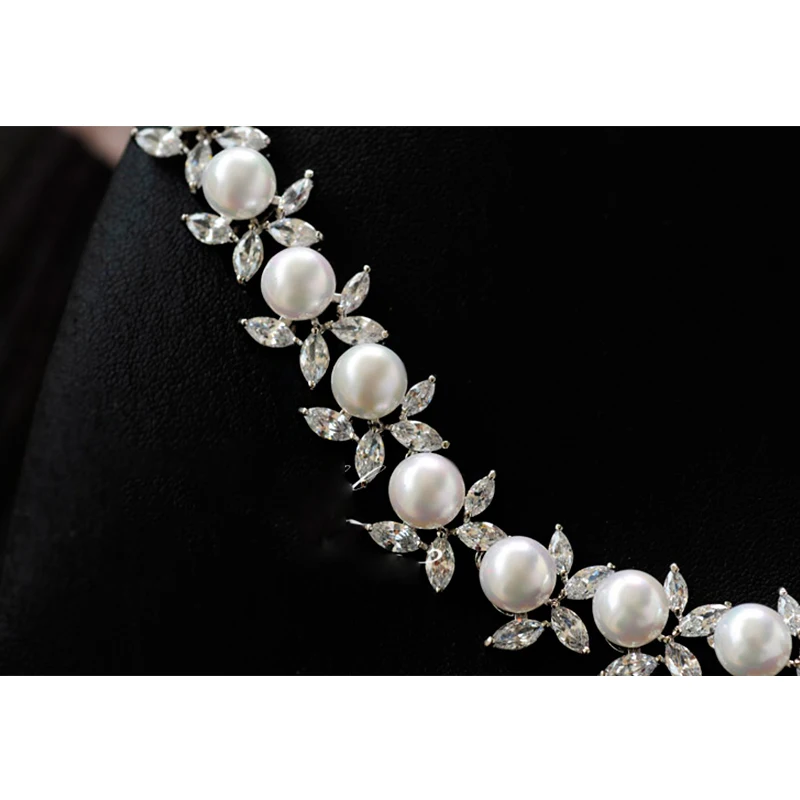 Women Silver Color Crystal Flower Pearl String Bridal Jewelry Sets Earrings Necklace Wedding Jewelry Accessories Sets