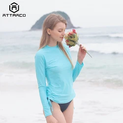 Attracko Rashguard kobiety Rash Guard stroje kąpielowe z długim rękawem boczne bandażowane koszulki rowerowe Surf Top koszulka do biegania strój kąpielowy UPF 50 +