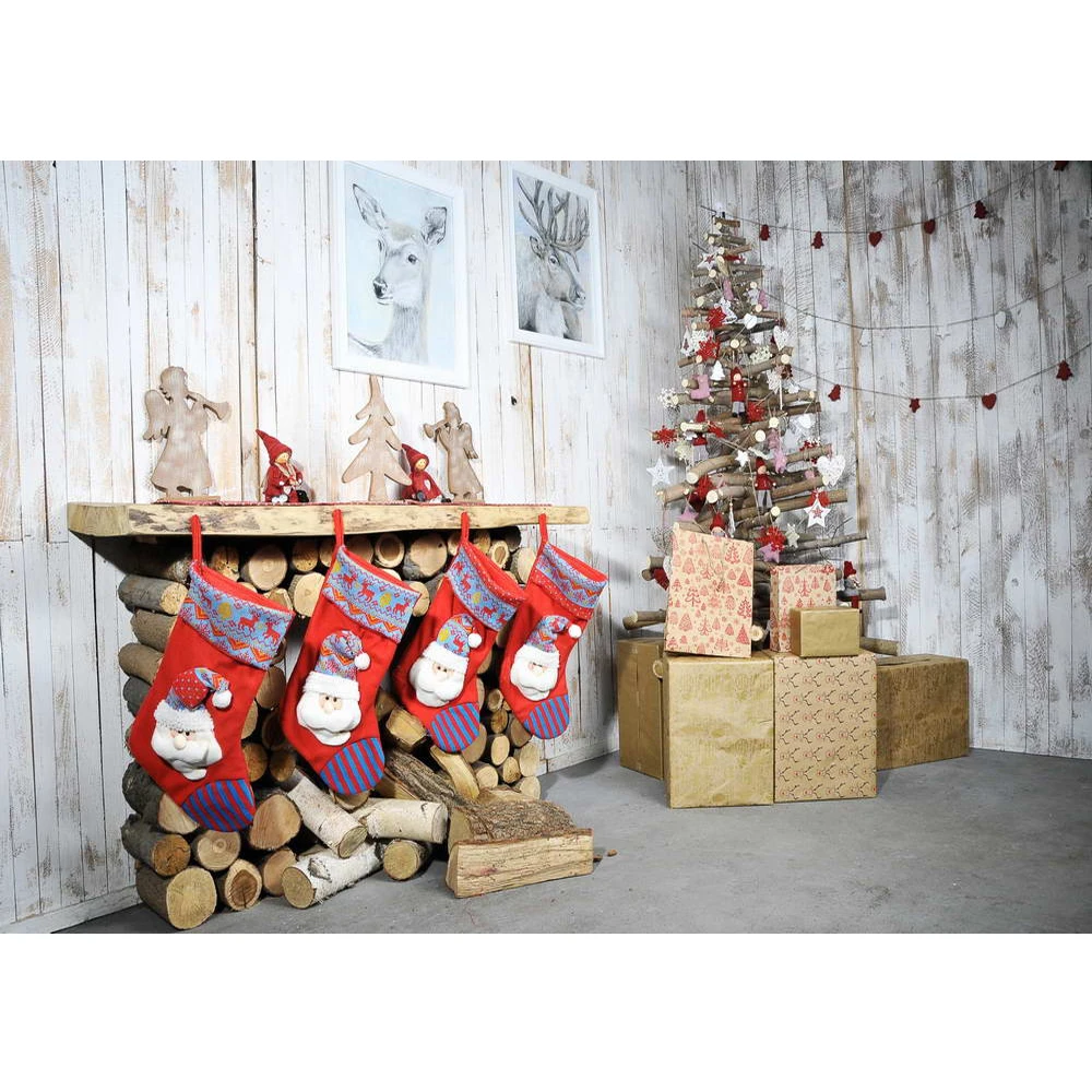 

Family Xmas Party Photo Background Printed Fireplace Red Socks Presents Decorated Christmas Tree Elk Frames Wood Wall Backdrops